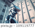 Metal statue of man wearing virtual reality goggles against the backdrop of panoramic windows. Bust of male with glasses 109119777