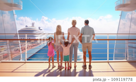 Happy family walking on deck of ship. Luxury cruise vacation Happy family walking on deck of ship. Luxury cruise vacation 109119778