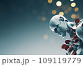 Pile of falling casino chips and robot on blue background, copy space, banner 109119779