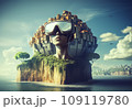 Woman wearing goggles VR. Fantasy flying island in ocean with sky and clouds. Castle on rock with sky background.  109119780