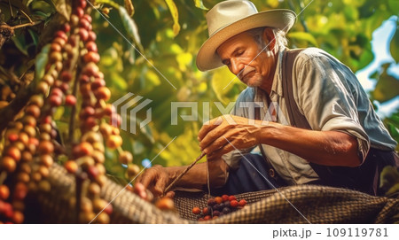 Colombian man wearing hat harvesting ripe coffee on plantation. Portrait of Farmer picking red bean. Colombian man wearing hat harvesting ripe coffee on plantation. Portrait of Farmer picking red bean. 109119781