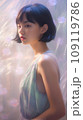 Beautiful girl with dark hair with neon lights on front 109119786