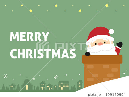 サンタクロースが煙突から覗いているクリスマスカード、背景グリーンの