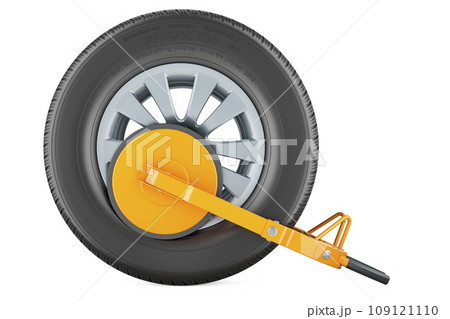 Wheel clamp lock with car wheel, 3D rendering Wheel clamp lock with car wheel, 3D rendering 109121110