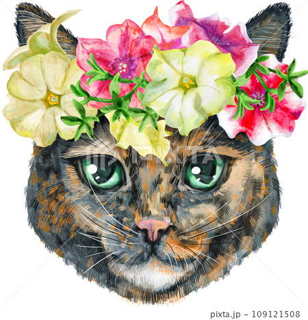 Lovely closeup portrait of Short-haired tortoiseshell cat in a wreath of flowers. Hand drawn watercolor painting on white background 109121508