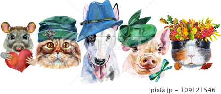Border from watercolor portraits of dog, guinea pig, cat, mini pig, rabbit and rat Border from watercolor portraits of dog, guinea pig, cat, mini pig, rabbit and rat 109121546