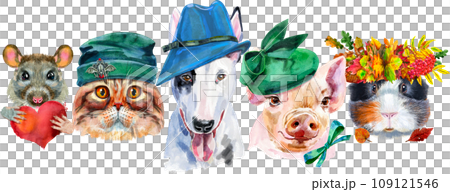 Border from watercolor portraits of dog, guinea pig, cat, mini pig, rabbit and rat Border from watercolor portraits of dog, guinea pig, cat, mini pig, rabbit and rat 109121546
