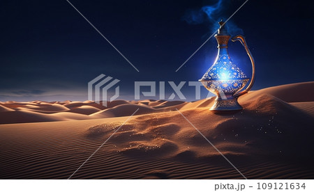 magic lamp with genie in the desert at night magic lamp with genie in the desert at night 109121634