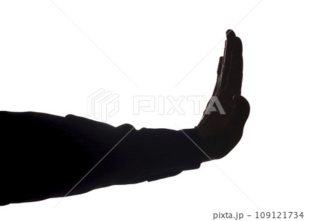 Old man's hand shows stop, denial, disagreement - silhouette 109121734