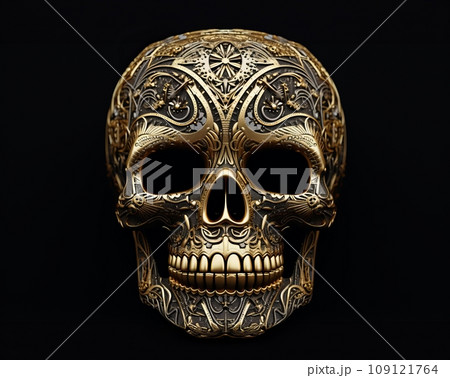 Gold detailed patterned skull on a dark background 109121764