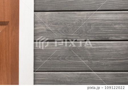 Interior element white partition, part of the wall with gray wooden boards, texture lines, horizontal and vertical details plank grey 109122022