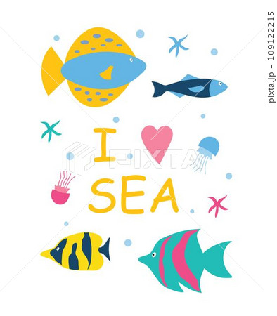 Set of sea creatures with inscription. Children s illustration for a card, banner or design. Isolated white background. Flat illustration 109122215
