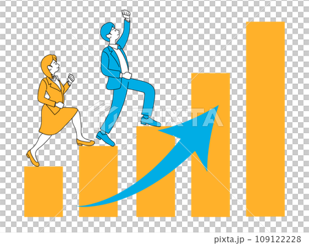 一個穿著西裝的男人和一個女人爬上向右上升的長條圖。 一個穿著西裝的男人和一個女人爬上向右上升的長條圖。 109122228