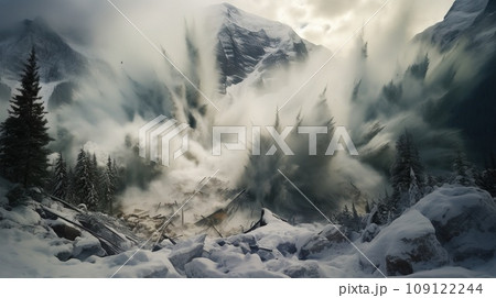 Huge snow avalanche, a mass of snow, ice, and rocks falling rapidly down a mountainside, nature concept 109122244