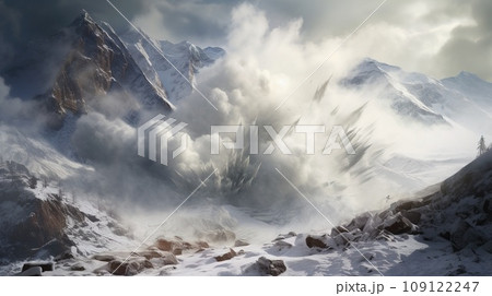 Huge snow avalanche, a mass of snow, ice, and rocks falling rapidly down a mountainside, nature concept 109122247