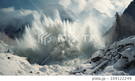 Huge snow avalanche, a mass of snow, ice, and rocks falling rapidly down a mountainside, nature concept 109122249