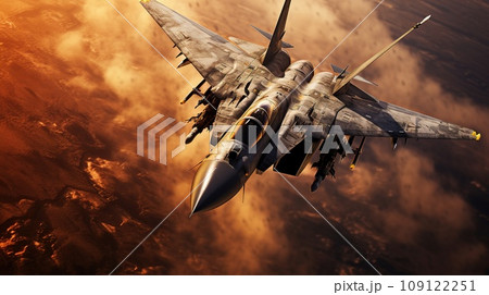 Flying fighter with military ammunition during war conflict, warfare concept 109122251
