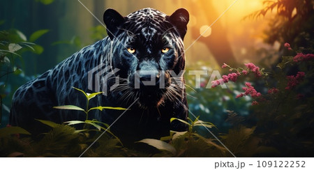 Black panther with black fur rather than the typical spotted coatin a nature, wildlife concept 109122252