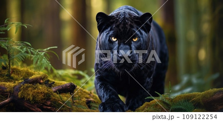 Black panther with black fur rather than the typical spotted coatin a nature, wildlife concept 109122254