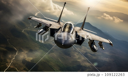 Flying fighter with military ammunition during war conflict, warfare concept 109122263