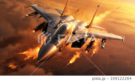 Flying fighter with military ammunition during war conflict, warfare concept 109122264