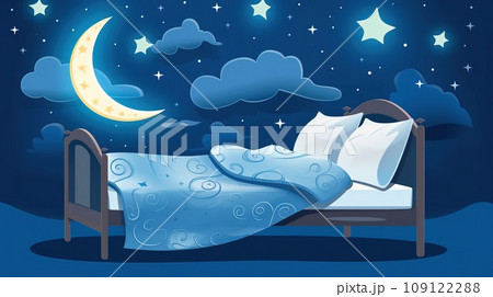 Bed with moon and stars around, sleeping concept Bed with moon and stars around, sleeping concept 109122288