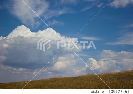 Landscape blue clouds grass field and horizon - background Landscape blue clouds grass field and horizon - background 109122361