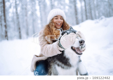 A cheerful husky dog walks with its owner in a snowy forest. Friendship concept, pets. A cheerful husky dog walks with its owner in a snowy forest. Friendship concept, pets. 109122482