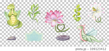 Yoga. Waterlily, plants, stone. Dragons in various poses of yoga, practicing fitness exercises. Pink Lotus flower with stem curving in the shape of heart. Watercolor illustration for label, logo 109123412