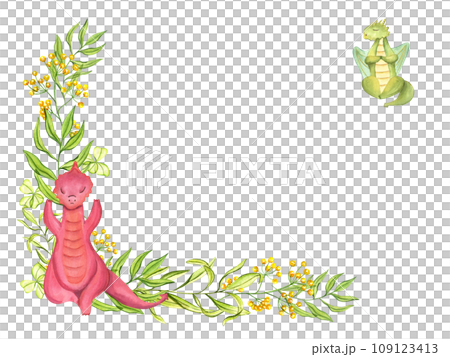 Frame with of stylish red, green Dragons in various poses of yoga. Animal meditation. Blooming yellow flowers, young plants. Dragons practicing fitness exercises. Watercolor illustration 109123413