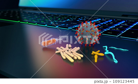 Pathogens on the surface of a portable notebook. - 3d illustration 109123445