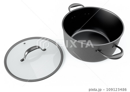 Stainless steel cooker with lid and chrome cookware on white background Stainless steel cooker with lid and chrome cookware on white background 109123486