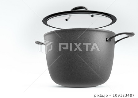 Stainless steel cooker with lid and chrome cookware on white background Stainless steel cooker with lid and chrome cookware on white background 109123487