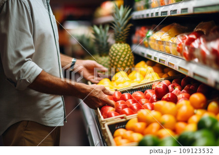 Aged man choosing fruits in supermarket. Generative AI 109123532