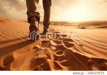 Lonely man walking in hot desert. Generative AI 109123533