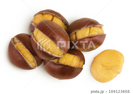 roasted peeled chestnut isolated on white background wit full depth of field. Top view. Flat lay roasted peeled chestnut isolated on white background wit full depth of field. Top view. Flat lay 109123608
