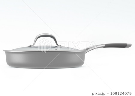 Stainless steel frying pan with glass lid and chrome cookware on white 109124079