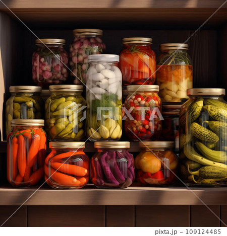 Canned vegetables in glass jars Canned vegetables in glass jars 109124485