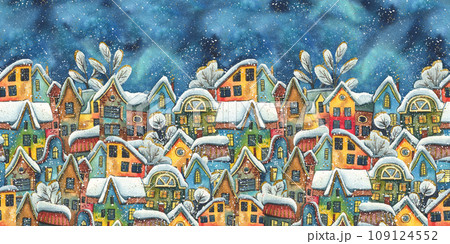 Panorama of the old city with houses against the backdrop of the night starry sky with snow. Hand drawn watercolor illustration. Seamless border for New Year, winter and Christmas decor 109124552