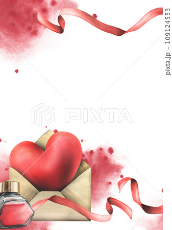 For Valentine's Day, a template with a heart in envelope with ink and ribbon. Hand drawn watercolor illustration. Frame, board on a white background. 109124553