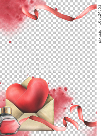 For Valentine's Day, a template with a heart in envelope with ink and ribbon. Hand drawn watercolor illustration. Frame, board on a white background. 109124553