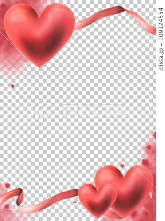 For Valentine's Day, a template with a heart and ribbon. Hand drawn watercolor illustration. Frame, board on a white background. 109124554