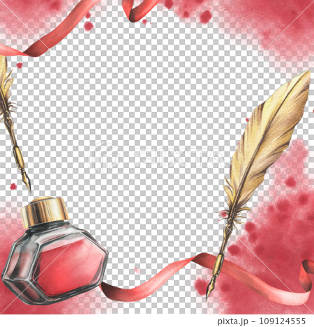 For Valentine's Day, a template with a ink, feather pen, ribbons, splashes. Hand drawn watercolor illustration. Frame, board on a white background. 109124555
