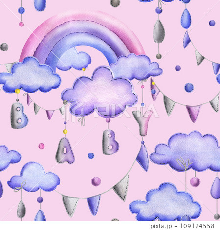 A stitched rainbow with clouds and letters BABY, garland flags, dots hanging from ropes in blue, purple and pink. Cute hand drawn watercolor illustration. Seamless pattern on a pink background. 109124558