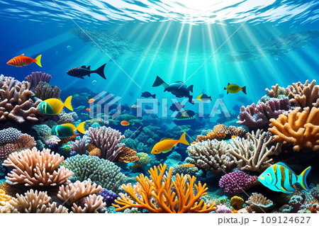 Underwater coral reef landscape with colorful fish. 109124627