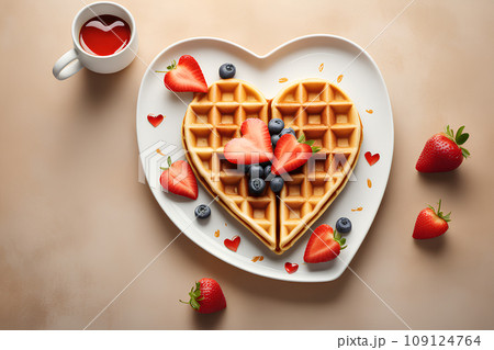 Heart-shaped breakfast waffles for Valentine's Day. Heart-shaped breakfast waffles for Valentine's Day. 109124764