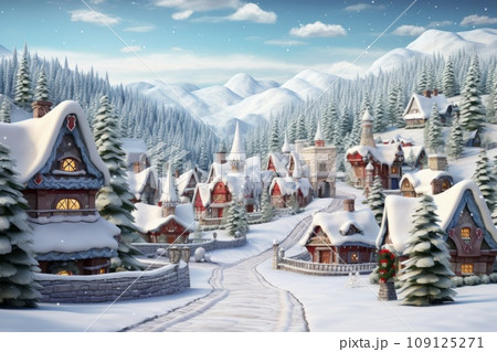 Christmas village landscape in a vintage style. Christmas village landscape in a vintage style. 109125271