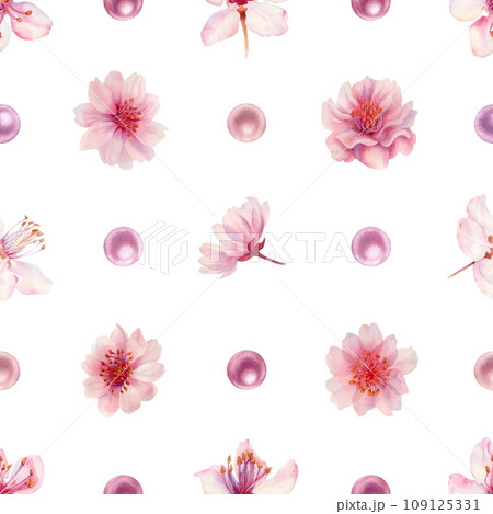 Watercolor pink seamless patterns with hand drawn illustrations of cherry blossom flowers and pearl for wedding, birthday, International Women's Day, Hanami spring holiday, Valentine's Day decoration 109125331