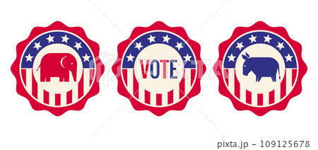 Vector vintage banners for 2024 presidential election in USA. Election 2024. Vote 2024. American pins. Donkey and elephant. Vector vintage banners for 2024 presidential election in USA. Election 2024. Vote 2024. American pins. Donkey and elephant. 109125678