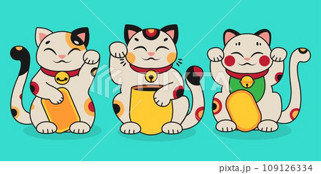 Isolated illustration of Maneki Neko. Three different characters of Asian happy cats. Japanese culture. Cartoon clipart. Vector illustration. 109126334